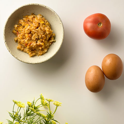 Organic Tomato Fried Egg Chicken Risotto with Lettuce
