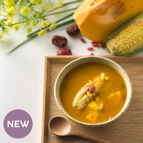 Organic Golden Pumpkin Chicken Soup with Sweet Corn, Red Dates & Goji Berries